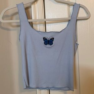 caution to the wind, baby blue butterfly embroidered tank top size between S-M